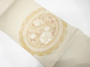 綴れ　絵皿に牡丹・菊模様　刺繍　名古屋帯